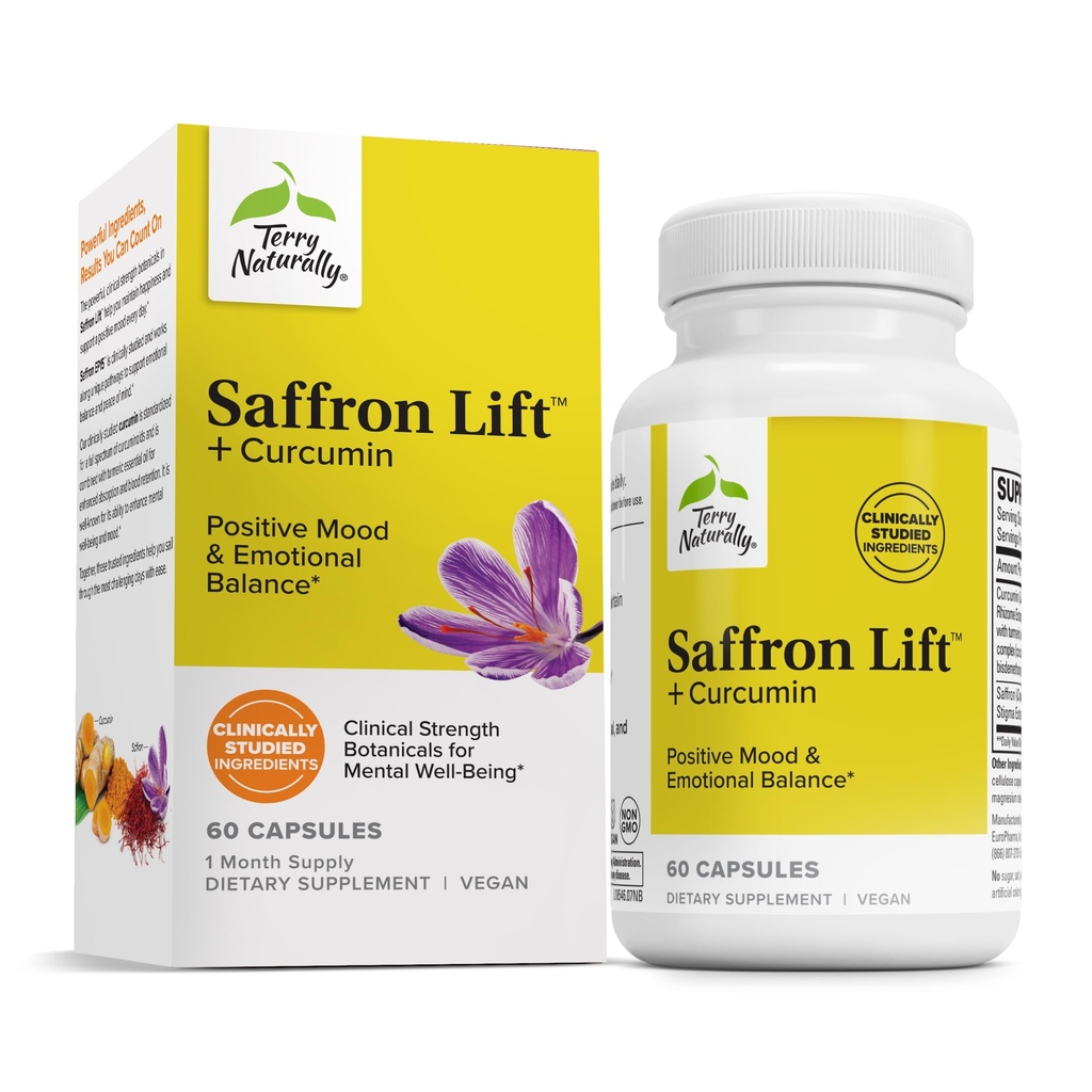 Terry Naturally Saffron Lift + Curcumin - Supplément à base de plantes avec Curcumin - Capsules non-OGM Saffron & Cerveau Curcumin - Supplément de soutien à la concentration et à la relaxation - 60 Capsules