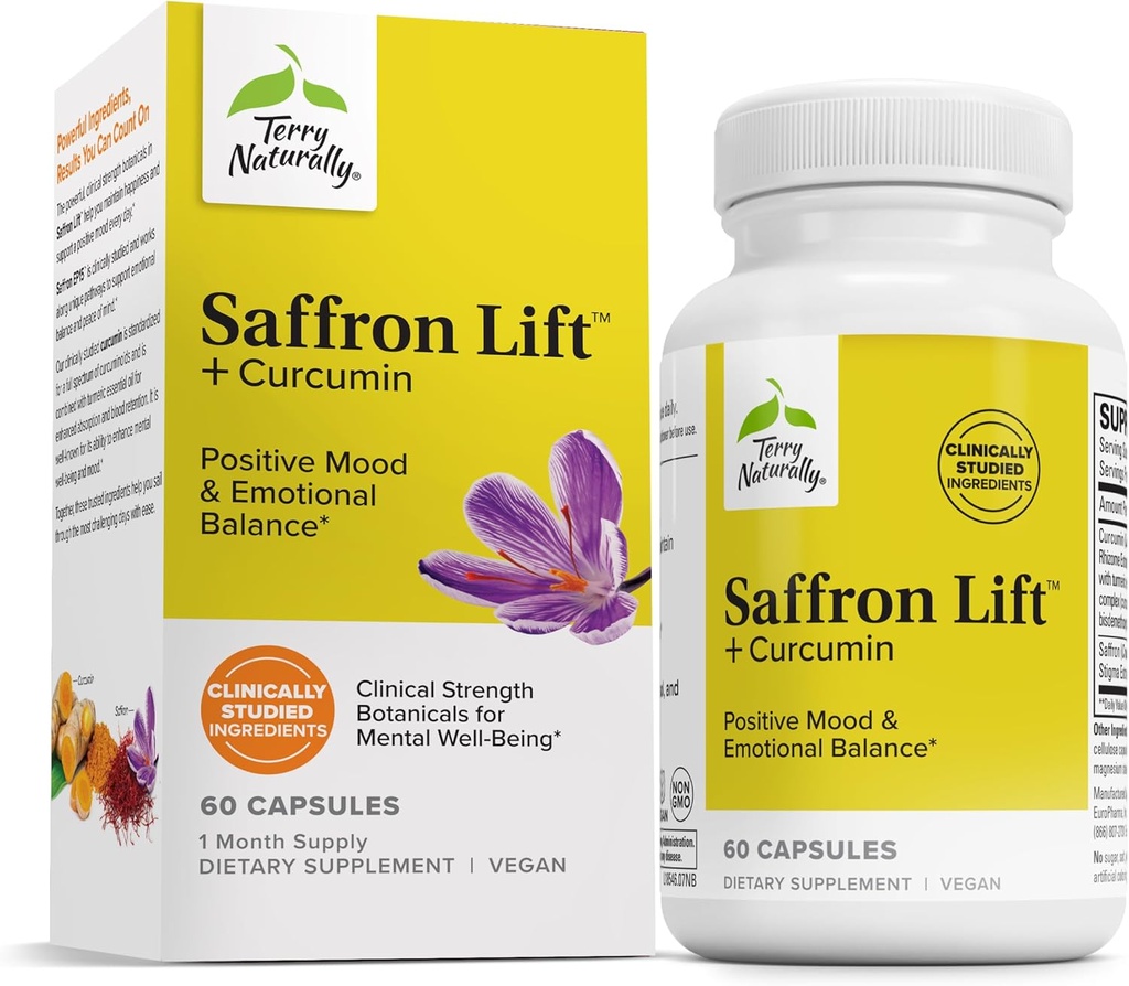 Terry Naturally Saffron Lift + Curcumin - Supplément à base de plantes avec Curcumin - Capsules non-OGM Saffron & Cerveau Curcumin - Supplément de soutien à la concentration et à la relaxation - 60 Capsules