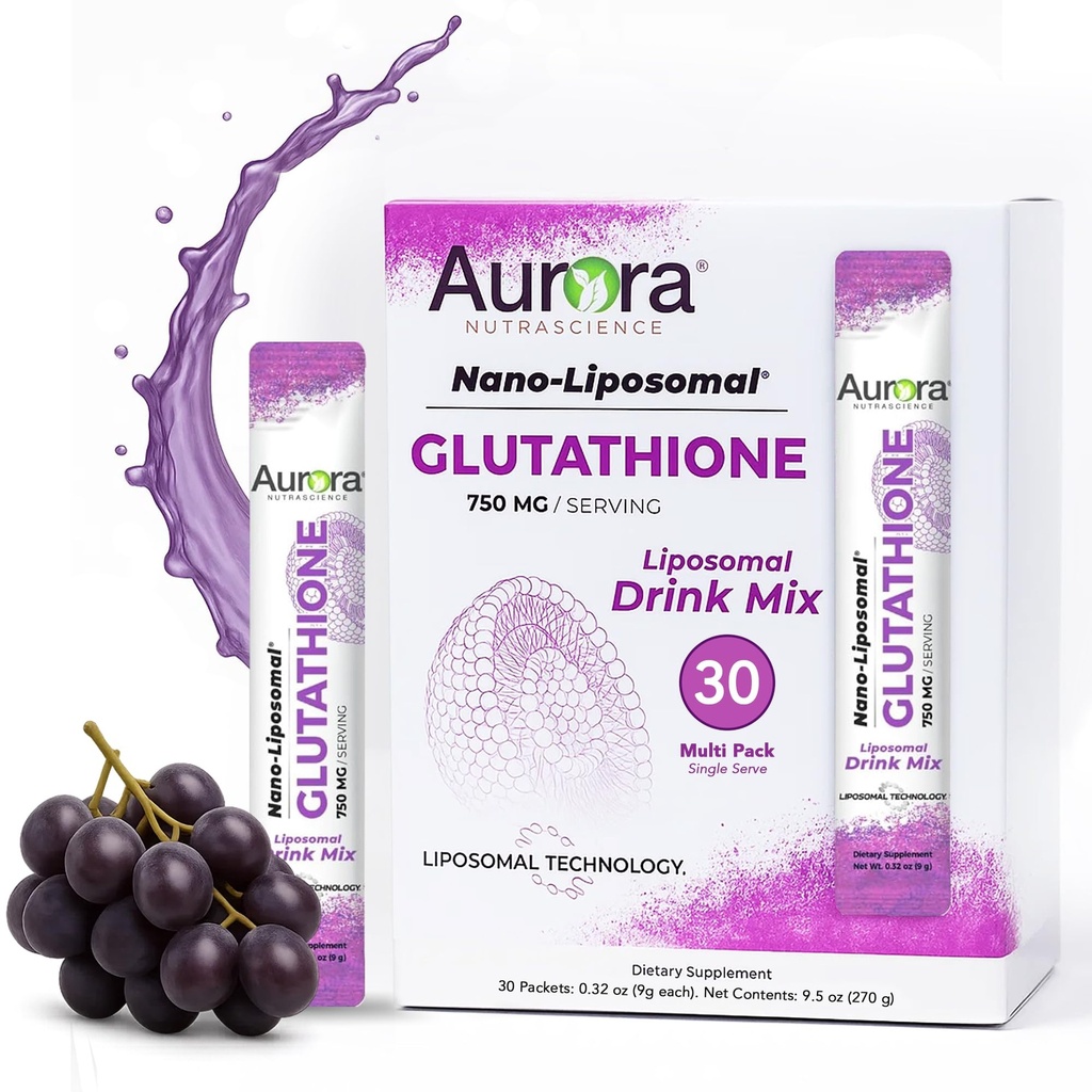 Aurora Nutrascience Nano-Liposomal Glutathione Drink Mix - 750 mg Liposomal Glutathione Supplement, Antioxidant & Immune Support for Men & Women, Sugar-Free, Non-GMO - 30 Single Serve Packets, Grape