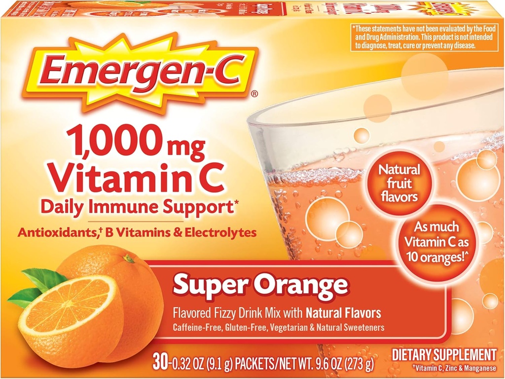 Emergen-C 1000mg Vitamine C Poudre pour Imune quotidienne Soutien Sans caféine suppléments de vitamine C avec le zinc et le manganèse, B vitamines et électrolytes, Super Orange Flavor - 30 Compte