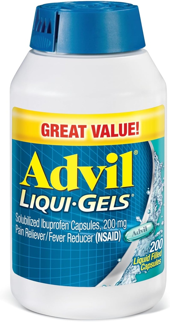 Advil Liqui-Gels Pain Reliever and Fever Reducer, Pain Medicine for Adults with Ibuprofen 200mg for Headache, Backache, Menstrual Pain and Joint Pain Relief - 200 Liquid Filled Capsules