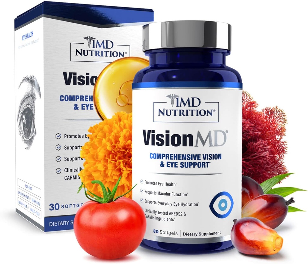 1MD Nutrition VisionMD Vitamine des yeux CARMIS - Supplément pour les yeux pour les adultes - avec OptiLut Lutein & Zeaxanthin - Soutient les soins de santé de la vision, la souche oculaire quotidienne et les yeux secs occasionnels - 30 Softgels