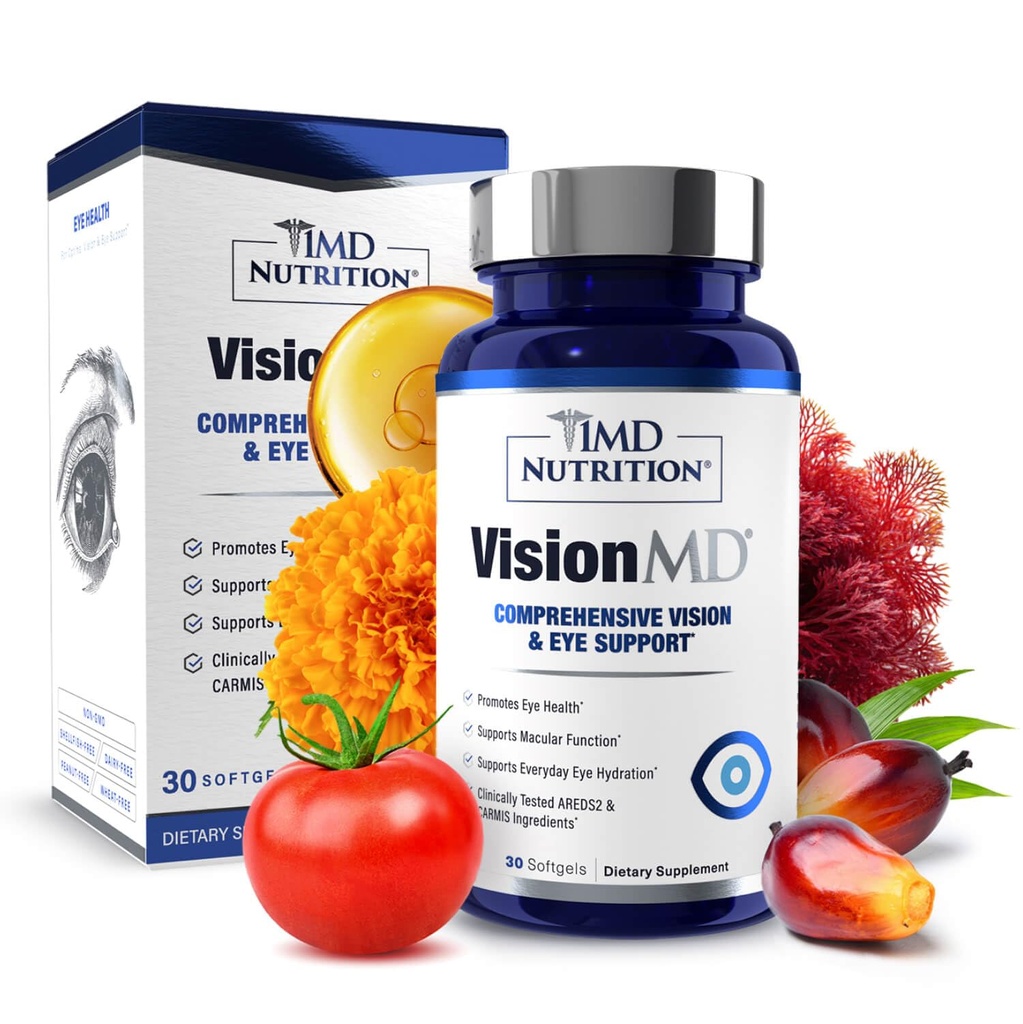 1MD Nutrition VisionMD Vitamine des yeux CARMIS - Supplément pour les yeux pour les adultes - avec OptiLut Lutein & Zeaxanthin - Soutient les soins de santé de la vision, la souche oculaire quotidienne et les yeux secs occasionnels - 30 Softgels