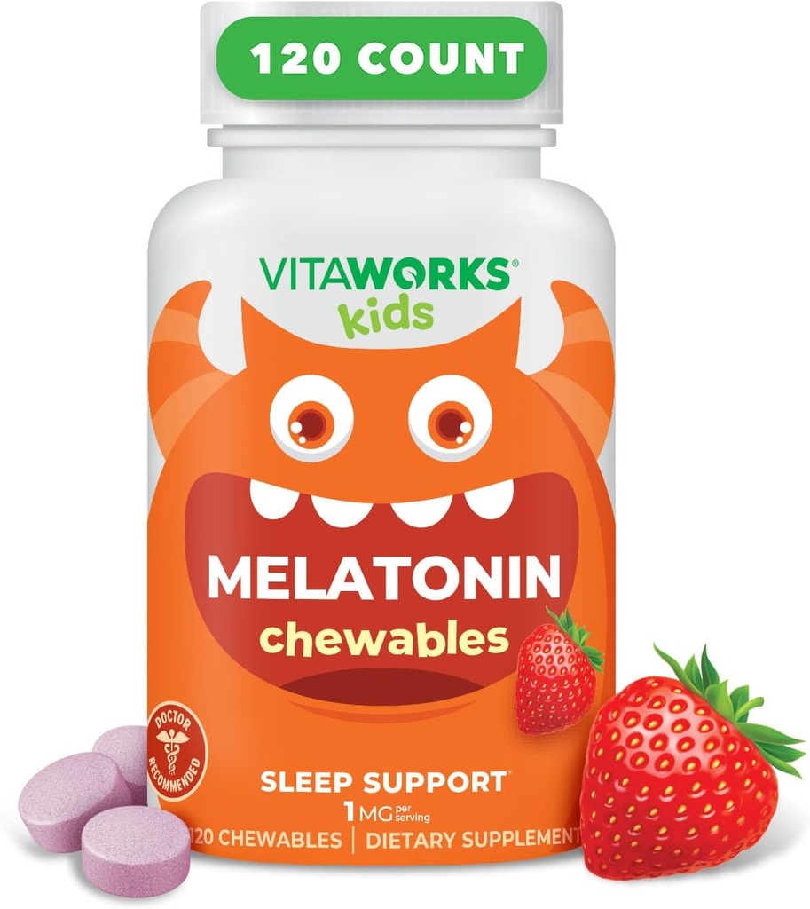 Enfants Melatonine 1 mg Chewable with L theanine, Camomile and Lemon Balm Extract Tablettes à mâcher - Saveur de baie naturelle - pour aider les enfants à tomber et à dormir - 120 Chewables