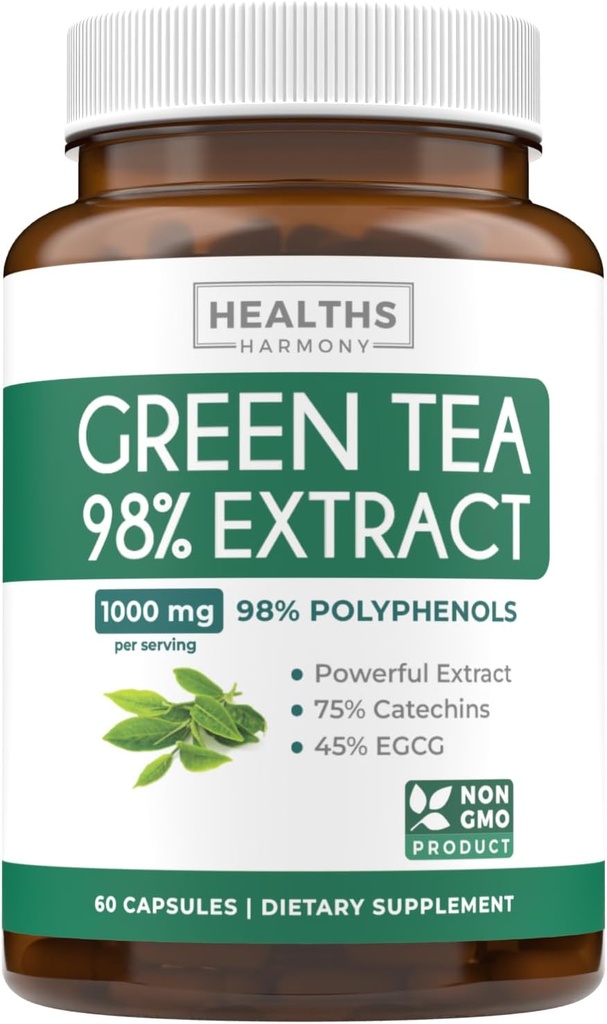 EGCG Capsules d'extrait de thé vert - Super High Potency Pills de thé vert Antioxydant formule riche emballée avec des polyphénols Catéchines & EGCG - 500mg Par Capsule - Non-OGM & Fabriqué aux États-Unis (1 mois d'approvisionnement)