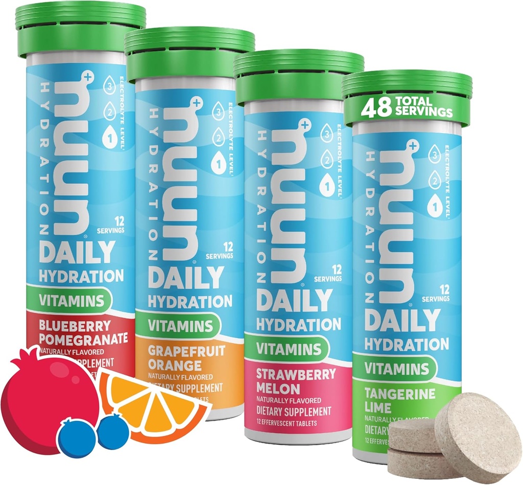 Vitamines Nuun Comprimés électrolytiques avec vitamine D, C, E, A et B6, acide folique, magnésium et 4 autres électrolytes essentiels, sans gluten et végétalien, fruits mélangés, 4 emballages (48 portions Total)