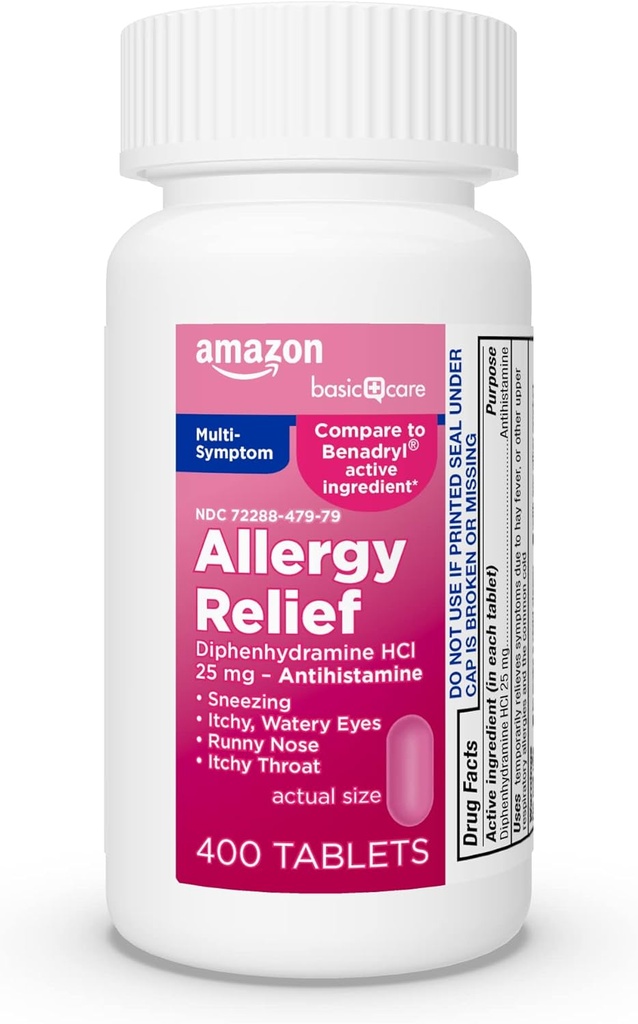 Soins de base Complete Allergy Relief, Diphenhydramine HCl 25 mg, Soulage les symptômes, Comprimés antihistaminiques, 400 Compte