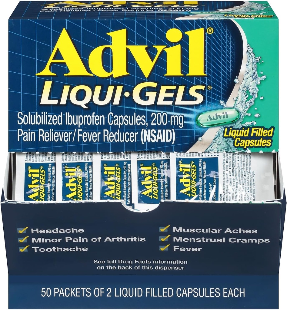 Advil Liqui-Gels analgésique/réducteur de fièvre, Ibuprofène solubilisé 200mg, 2/Packet, 50 Packets/Box (016902)