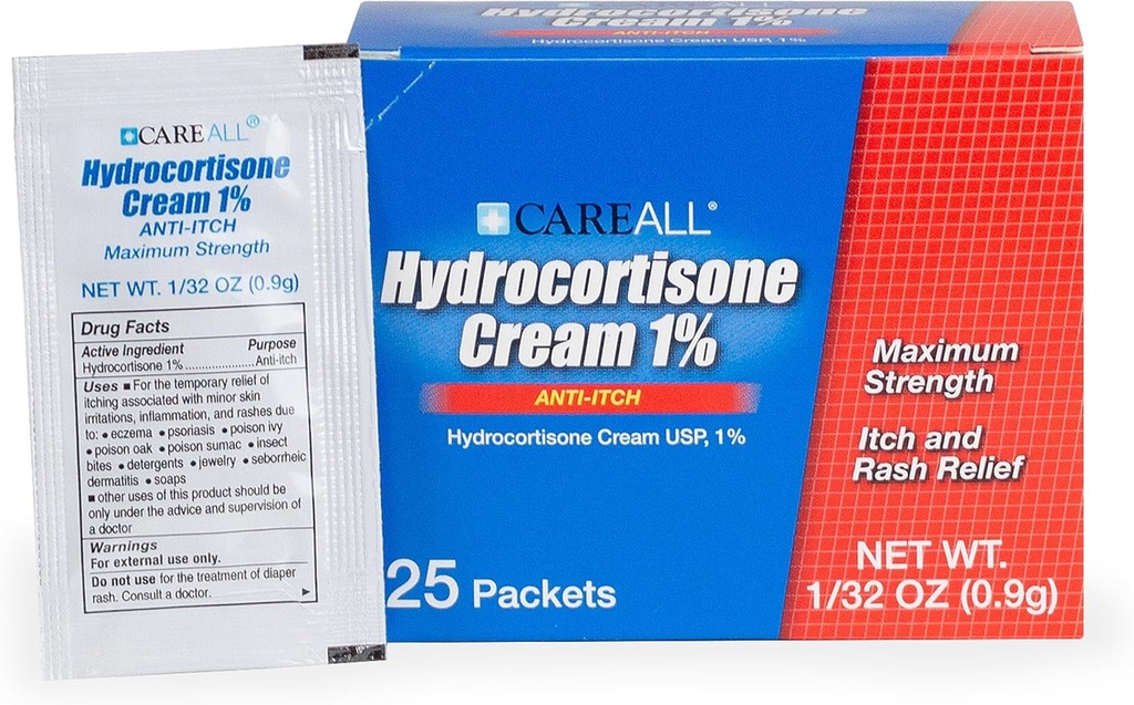 CareAll Hydrocortisone Cream 1% (25 Pack), 0.9gr Foil Packet. Maximum Strength Formulation, Anti-Itch Rash Skin Cream Relieves Itching, Eczema, Insect Bites, Poison Ivy, and Psoriasis