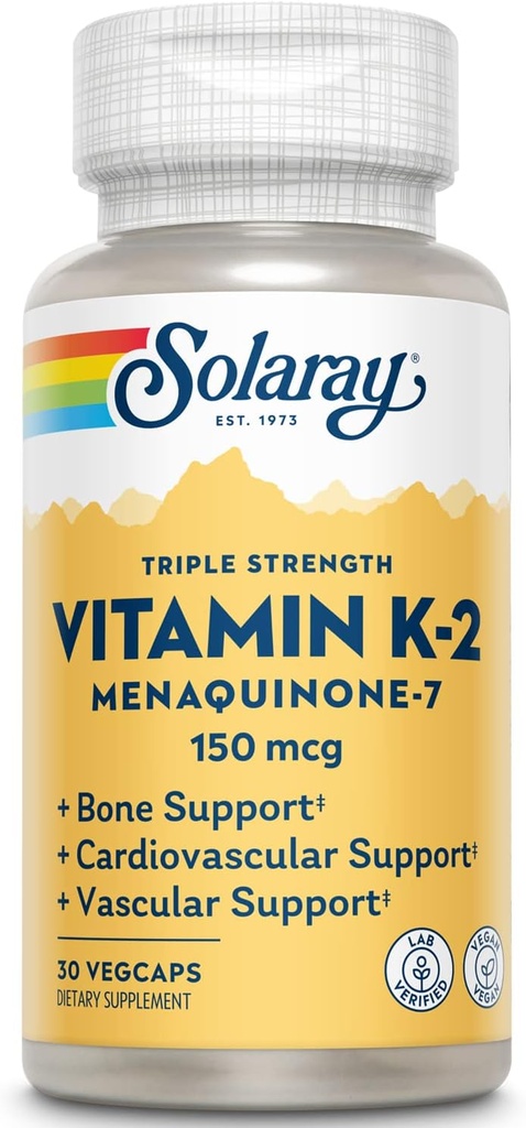 SOLARAY Triple Strength Vitamin K-2 as MK-7, 150 mcg | Heart & Bone Health, Vascular Function Support | 30ct