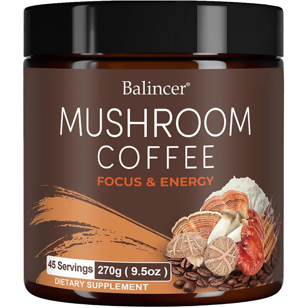 Coffee de Champignon, 6 Champignons Adaptogènes avec Manille de Lion, Cordyceps, Turkey Tail & More, Café de Champignon Instantané pour Focus, Énergie, Immune & Soutien Digestion