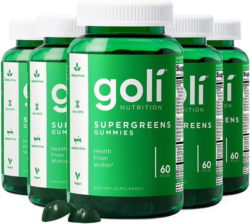 Goli SuperGreen Vitamine Gummy - 300 Compte - Vitamines et minéraux essentiels - à base végétale, végétalien, sans gluten et sans gélatine - Santé de l'intérieur, boîte de 5