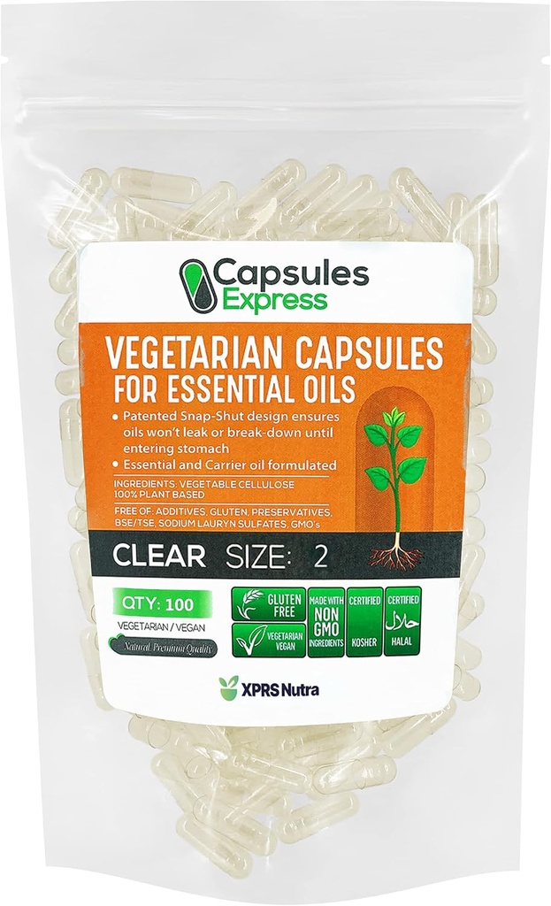 XPRS Nutra Taille 2 Capsules Vegan vides - 100 Capsules Végétiques claires pour la plupart des huiles essentielles - pilules végétales vides pour les huiles essentielles - remplissage bricolage