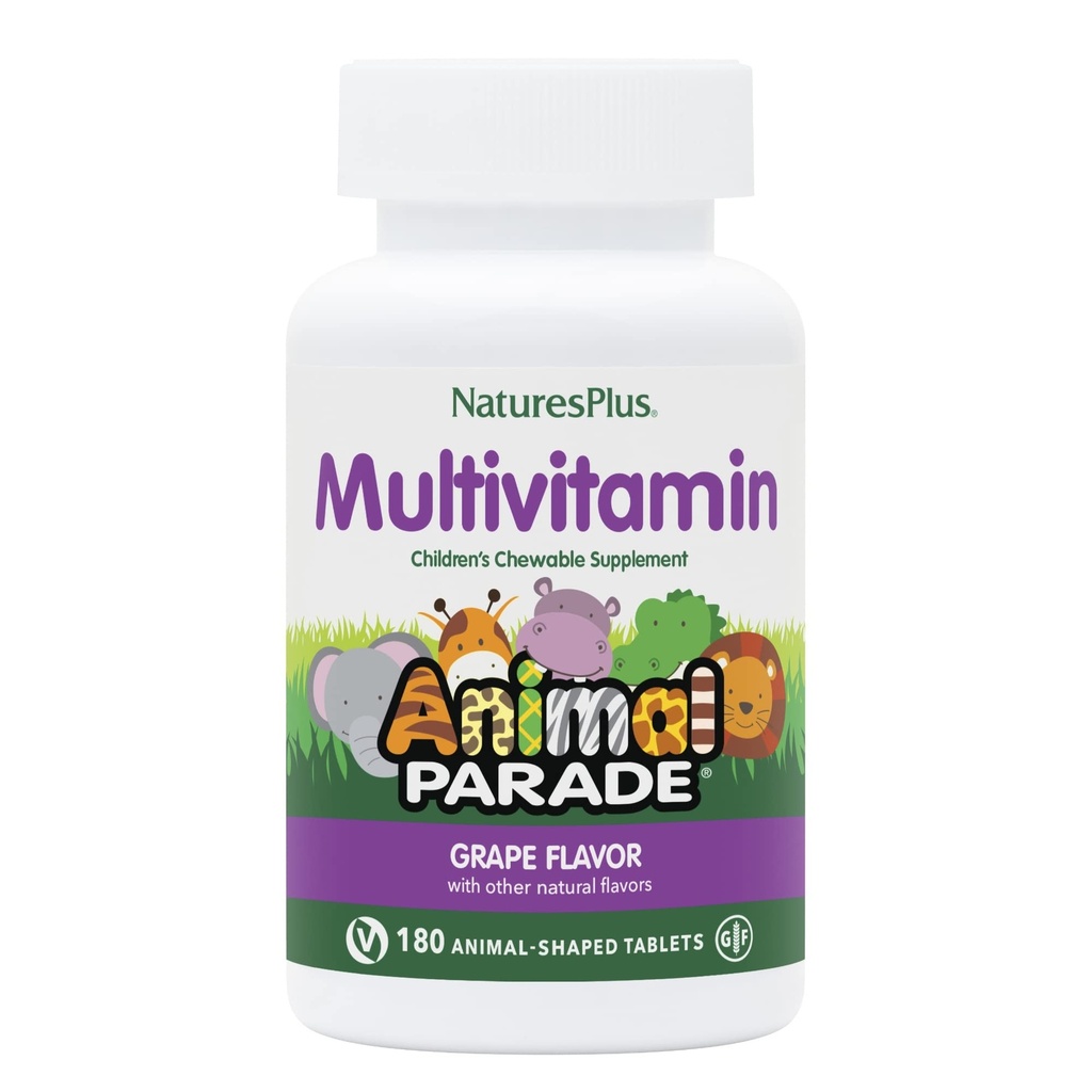 NaturesPlus Animal Parade Children's Chewable Multivitamin - Saveur de raisin - 180 comprimés en forme d'animal - Promotion de la santé et du bien-être - Végétarien, sans gluten - 90 portions