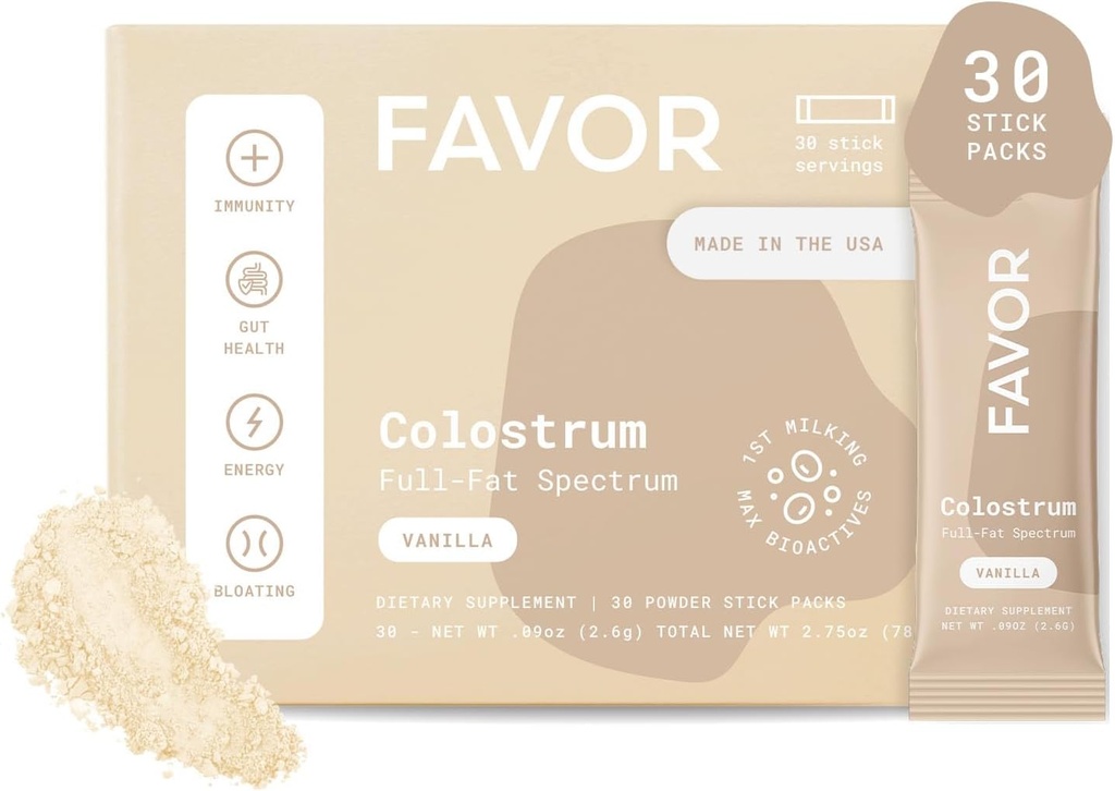 FAVOR Bovine Colostrum Stick Packs | Liposomal And Whole | Holistic Human Health | Convenient For Travel | First Milking | Naturally High IgG Powder | Ethically Made In The USA | Easy To Mix [Vanilla]