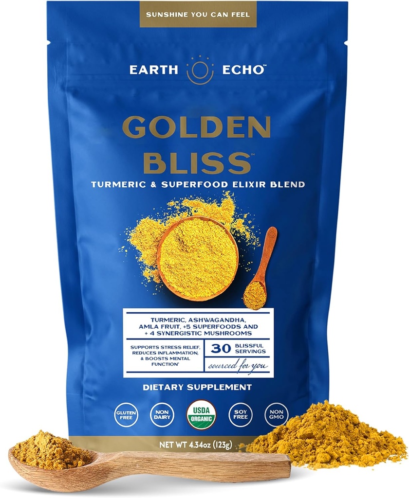 Earth Echo Golden Bliss, mélange d'élixir de crème curcuma biologique avec racine d'Ashwagandha, huile MCT et mélange de 4 champignons pour le sommeil reposant, le soutien immunitaire et réduit la rage, sans lait, 30 portions