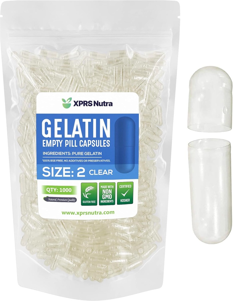 XPRS Nutra Taille 2 Capsules vides - 1000 Compter Capsules vides de gélatine - Pills Bricolage Capsule Remplissage - Pure Pilule Gel Caps pour Do-It-Youlf Suppléments