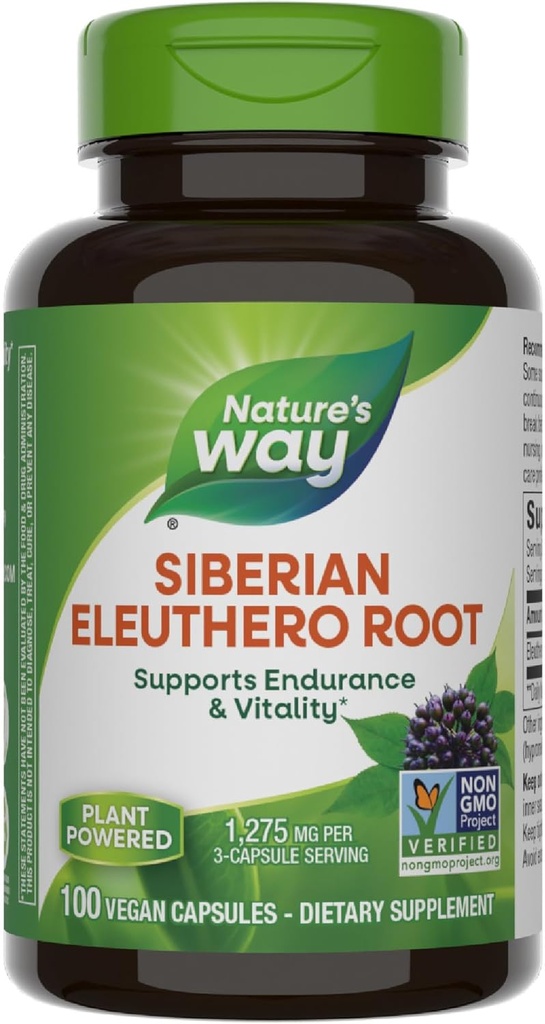 Nature's Way Premium Herbal Siberian Eleuthero Root Supplement, Supports Endurance & Vitality*, Adaptogen*, 1,275mg per 3-Capsule Serving, Non-GMO Project Verified, 100 Capsules (Packaging May Vary)