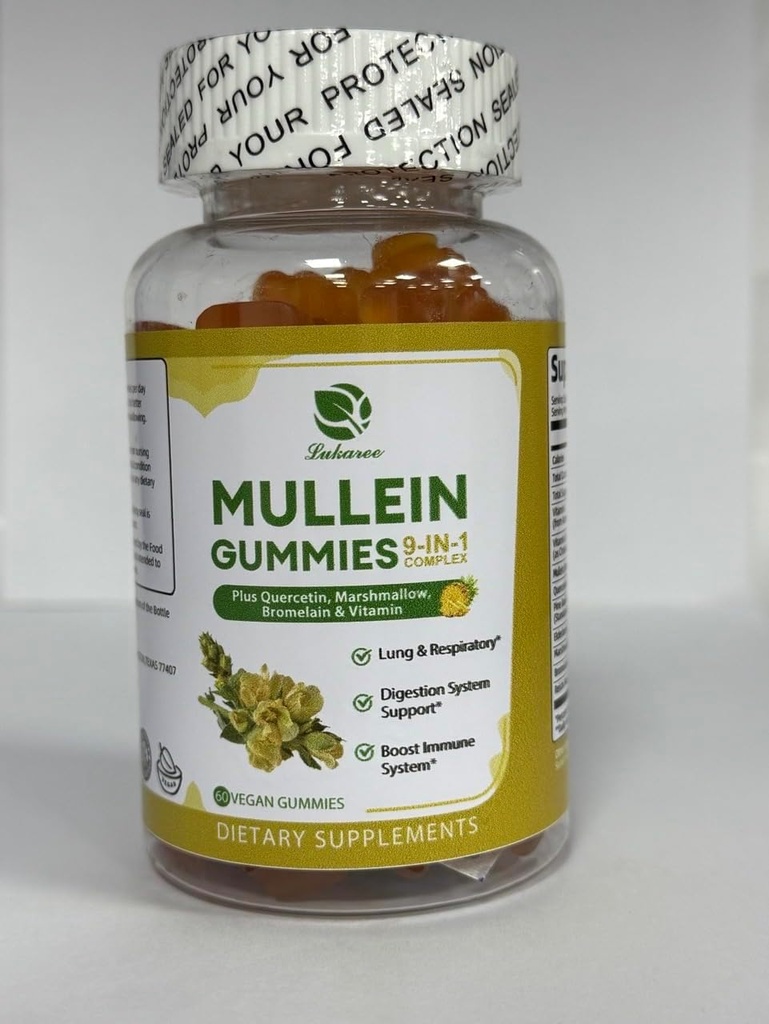 Lukaree 9 in 1 Mullein Gummies, Mullein Leaf Extract w/Quercetin, Bromelain, Elderberry & Marshmallow pour Immune, Vegan,60 Comte