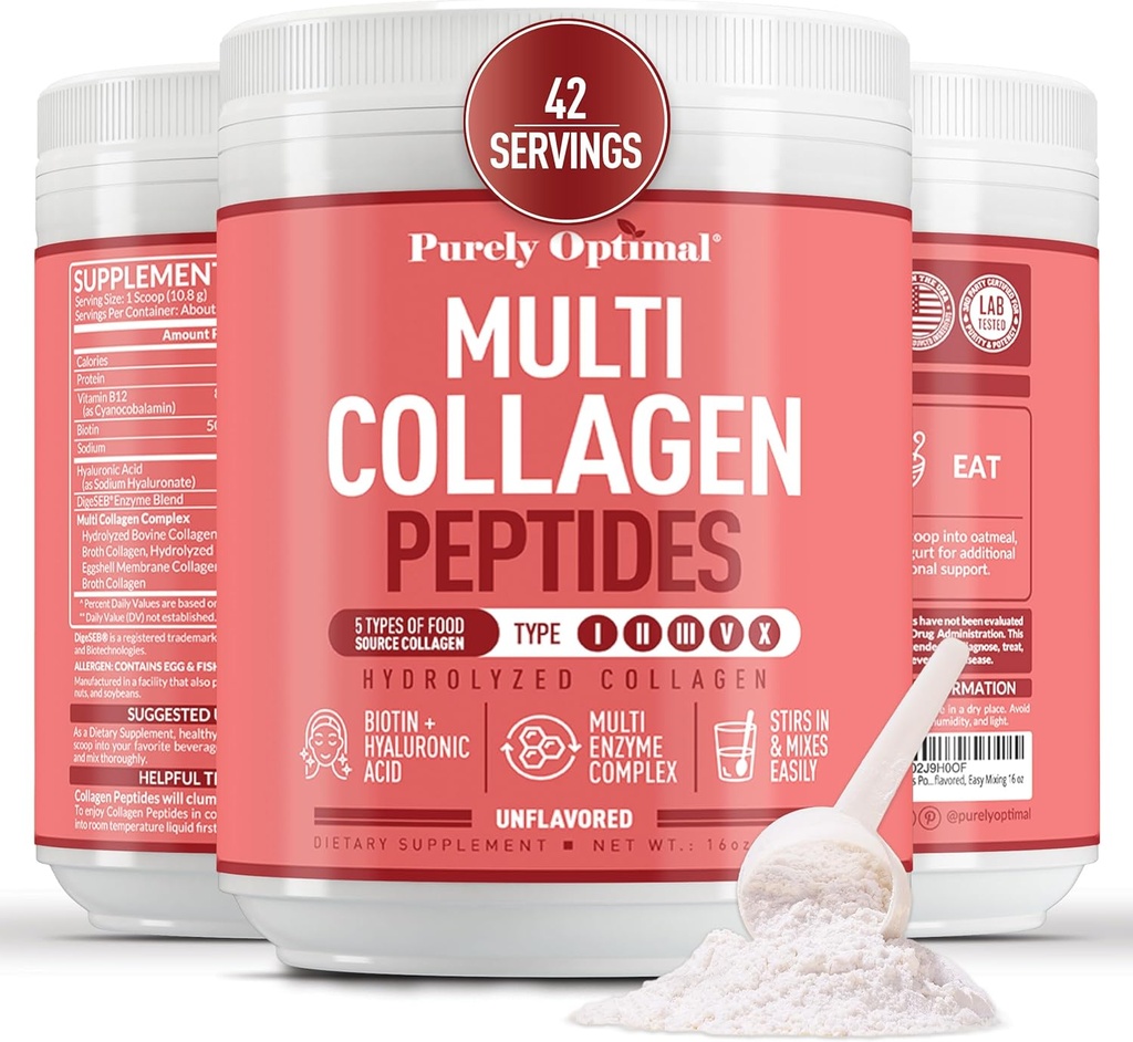 Purely Optimal Multi Collagen Powder for Women - 5 Types Hydrolyzed Collagen Peptides with Biotin & Hyaluronic Acid for Hair, Skin, Nails, Bones & Joints - Unflavored, Easy Mixing, 42 Servings