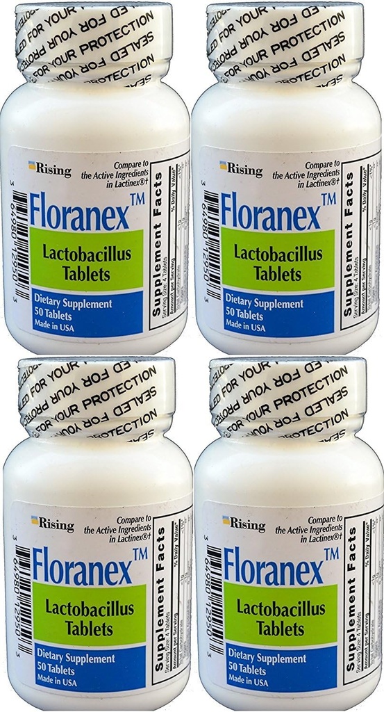Floranex Probiotic 2 Million CFU, Lactobacillus Acidophilus pour la santé digestive de Colon, Générique pour Lactinex, Étagère Stable Pas Réfrigération, 50 Comprimés par bouteille, 4-Pack