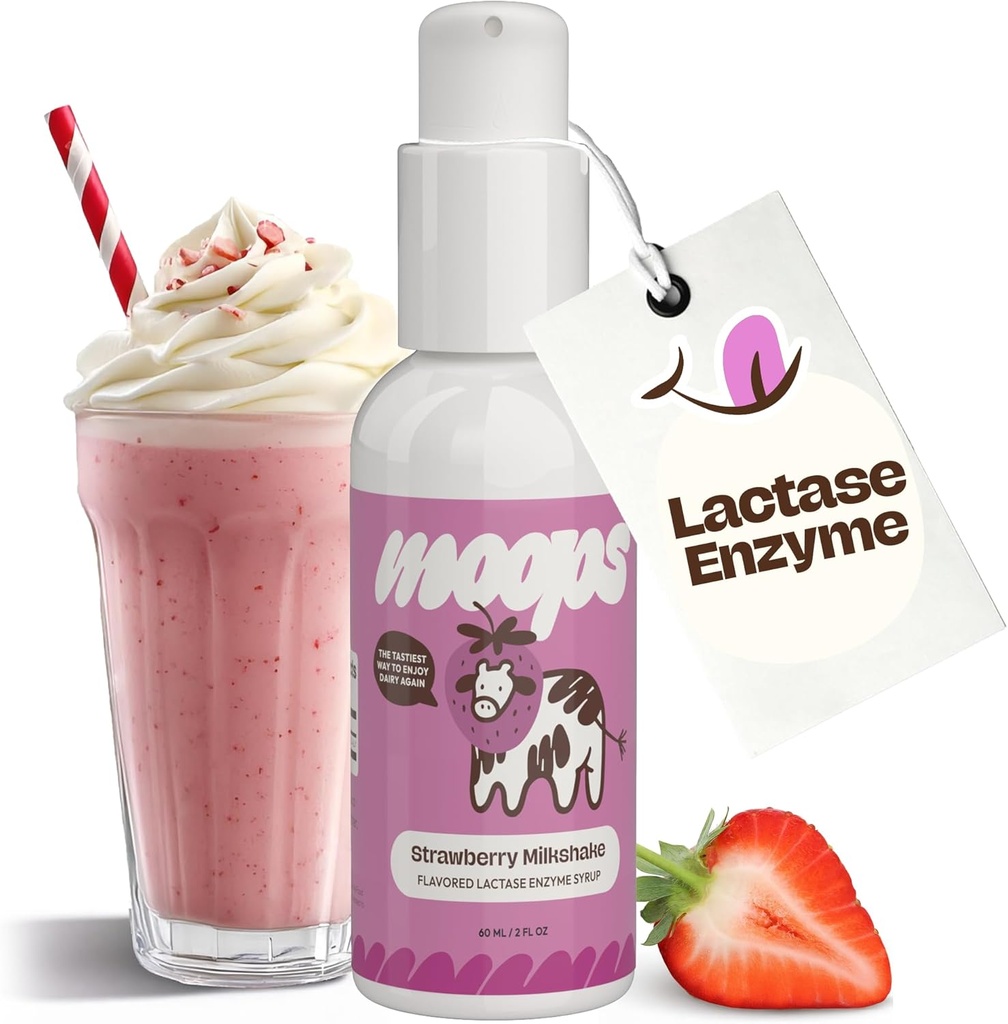 Moops Liquid Lactase Enzyme Sirop 2oz – Saveur de milkshake aux fraises délicates – 10 000 unités de FAC pour un soulagement rapide des produits laitiers – Dose personnalisable pour l'intolérance au lactose – Pompe portative Twist-to-Lock