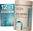 Supplément de mousse de mer, capsules de mousse de mer avec huile de graines noires, ashwagandha et racine de bardock, supplément multiminéral avec vitamine C, 60 capsules de légumes