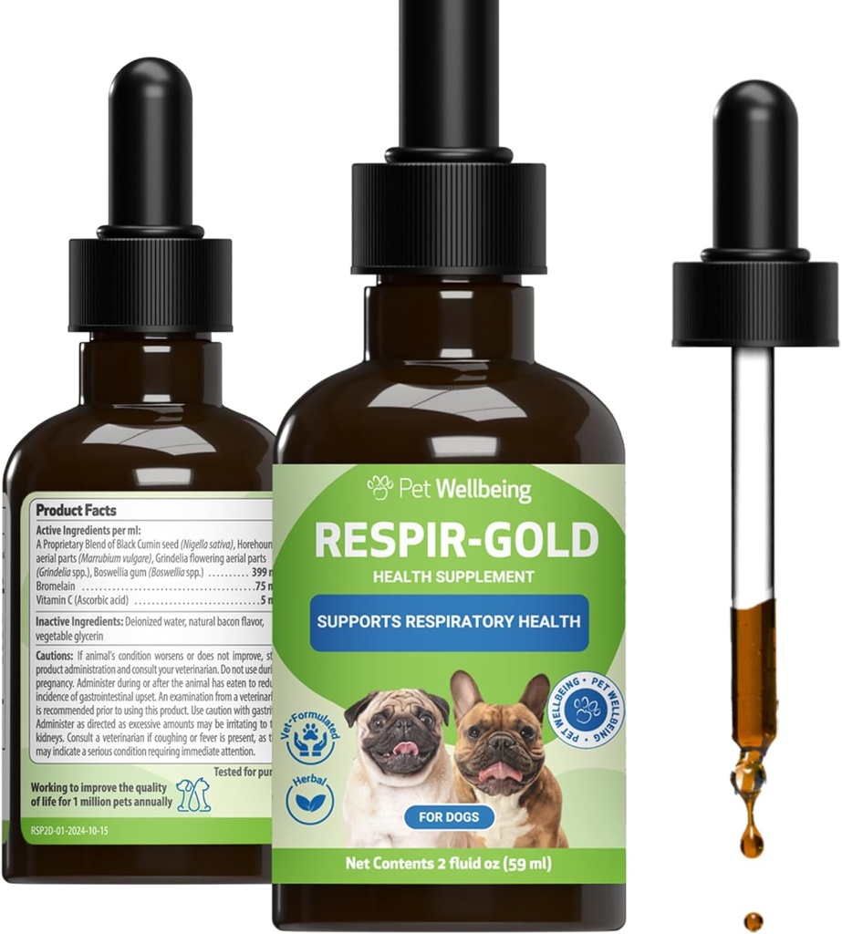Bien-être des animaux Respir-Gold pour chiens - Soutiens Respiration saine, Open Airways, Soutien respiratoire, Cumin noir, Horehound, Grindelia - Vétérinaire-formulé supplément à base de plantes 2 oz (59 ml)