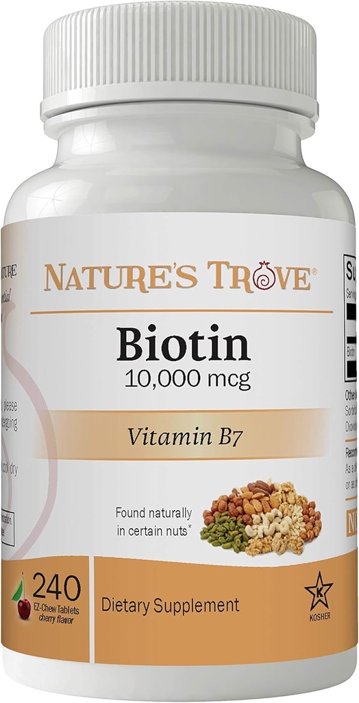 Nature's Trove Biotin 10,000 mcg 240 EZ Chew Tablets Cherry Flavor