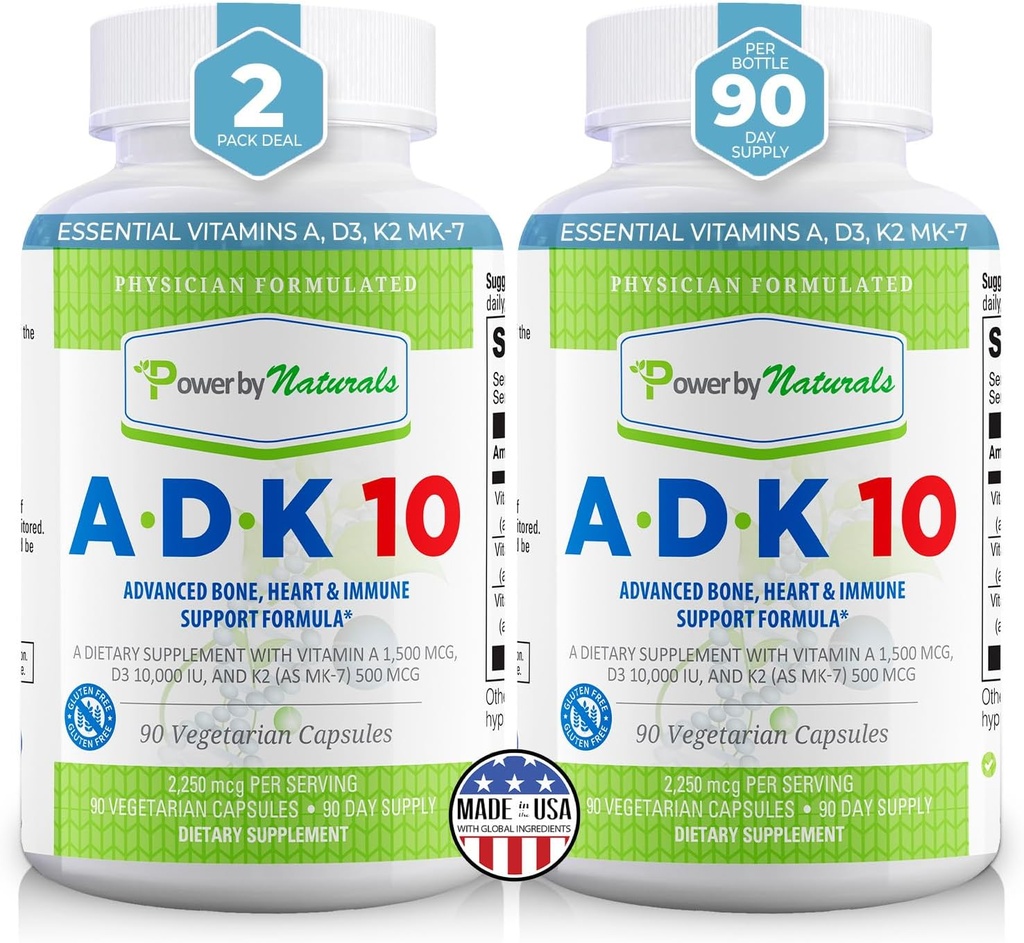 Power By Naturals Supplément de vitamine ADK – ADK 10 haute puissance avec des vitamines A, D3 10 000 UI et K2 MK7 pour le soutien supérieur du coeur, de l'immunité et des os – 90 capsules, 2 packs (6 mois)