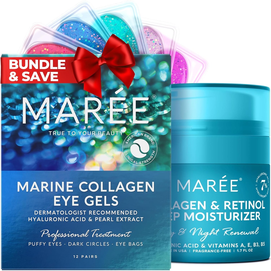 Gels pour les yeux MAREE et crème hydratant Collagène - Gels sous les yeux pour les yeux puants et les cercles noirs, Crème visage anti-vieillissement avec effet hydratant - Collagène marin et acide hyaluronique, Retinol