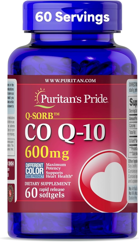 Coenzyme de fierté de Puritan CoQ10 600mg, supplément alimentaire pour la santé cardiaque, la pression artérielle, la santé buccodentaire et le soutien au vieillissement en santé, 60 jours d'approvisionnement, softgels à libération rapide