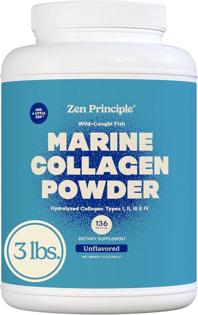 Zen Principe Marine Collagène Peptides Poudre 3lb. Poisson sauvage, non-OGM. Soutient une peau, des cheveux, des articulations et des os sains. Protéines hydrolysées de type 1 et 3. Acides aminés, sans saveur, faciles à mélanger.