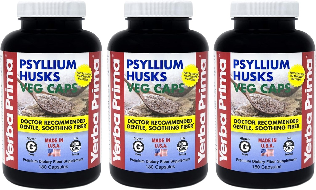 Yerba Prima Psyllium Husks Veg Caps - 180 Compte (paquet de 3) - Vegan, non-OGM, sans gluten, Colon Cleanser, supplément de fibre quotidienne pour la santé Gut et la régularité