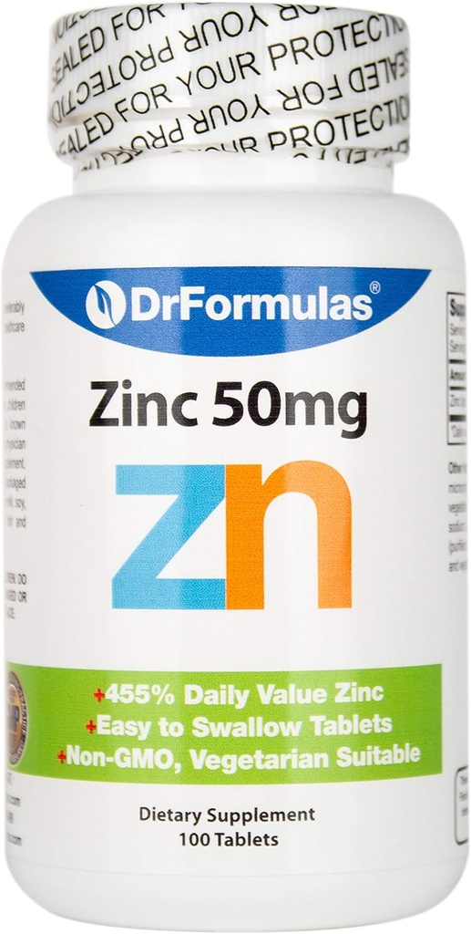 DrFormulas Zinc pour supplément d'acné 50mg avec citrate d'oxyde de zinc chélaté, 100 jours d'approvisionnement (comprimés non losanges, gluconate ou picolinate)