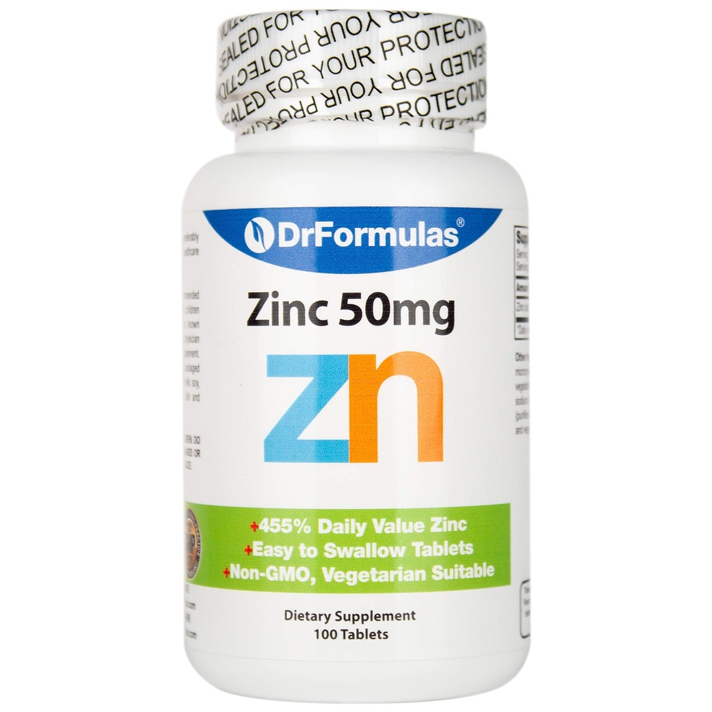 DrFormulas Zinc pour supplément d'acné 50mg avec citrate d'oxyde de zinc chélaté, 100 jours d'approvisionnement (comprimés non losanges, gluconate ou picolinate)