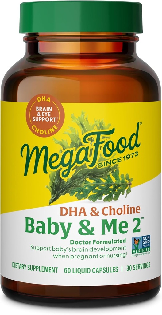 MegaFood Baby & Me 2 Vitamines prénatales pour les femmes, compléments DHA et Choline, DHA liquide et Choline pour le développement du cerveau et des yeux pendant la grossesse, Vegan, 60 capsules (30 portions)