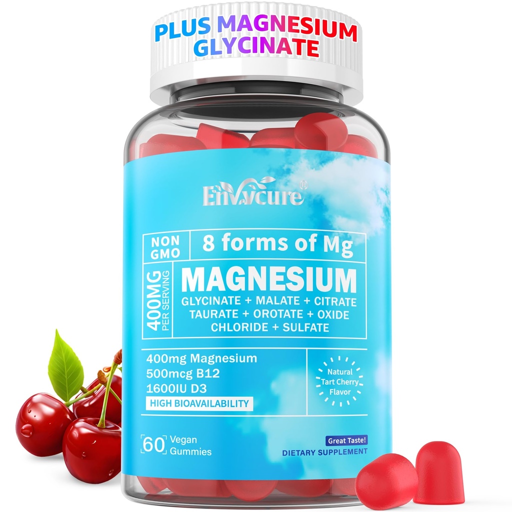 Magnésium Gommies 400mg.com en 8 formes de magnésium Glycinate, Malate, Citrate, Taurate, Oxyde, et plus encore avec extrait Ashwagandha, D3 & B12 Supports pour calme, Zzz, Mood, Crampe musculaire - Vegan 60 Cts