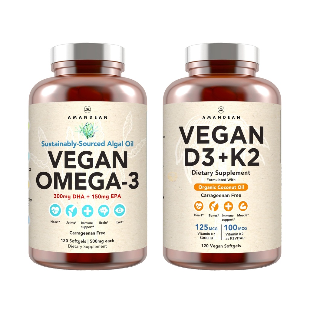 Vegan Powerhouse Combo. Omega-3 from Algal Oil & Vitamin D3 + K2. Plant-Based 5000 iu VIT D from Algae. 100 mcg All-Trans MK-7 Vita K. Carrageenan Free Veggie Softgels.