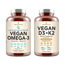 Powerhouse végétalien Combo. Oméga-3 de l'huile d'algue et vitamine D3 + K2. Basé sur la plante 5000 iu VIT D de l'algue. 100 mcg All-Trans MK-7 Vita K. Carrageenan Free Veggie Softgels.