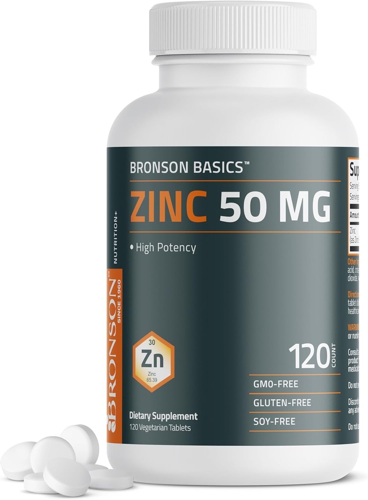 Bronson Zinc 50 MG haute puissance soutient la santé de la peau - non-OGM, 120 comprimés végétariens