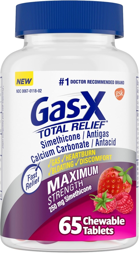Comprimés réutilisables à décharge de gaz-X avec Siméthicone 250 mg et Carbonate de calcium à décharge de brûlures d'estomac 750 mg, Relief de ballonnement, Berries mixtes - 65 Compte
