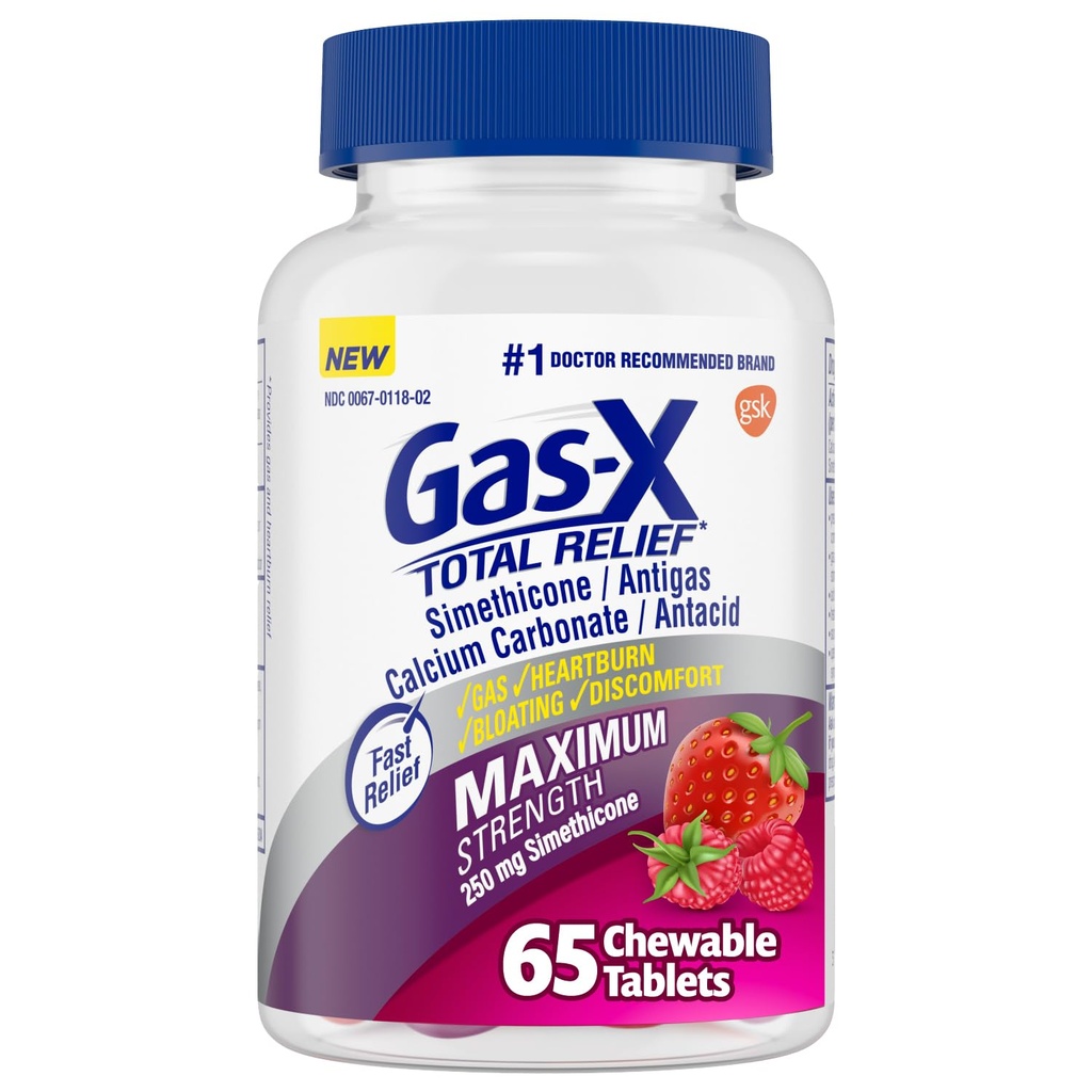 Comprimés réutilisables à décharge de gaz-X avec Siméthicone 250 mg et Carbonate de calcium à décharge de brûlures d'estomac 750 mg, Relief de ballonnement, Berries mixtes - 65 Compte