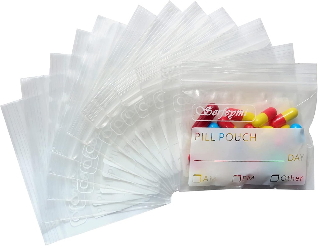 Sacs à pilules Serfeymi pour le voyage Pill Pouch Organizer Pack de 240 BPA Gratuit 3 x 2,75 pouces Pill Pouchs réutilisables pour la médecine avec écrire sur l'étiquette et fermeture à étanchéité étanche AM PM Pill Baggies pour les suppléments