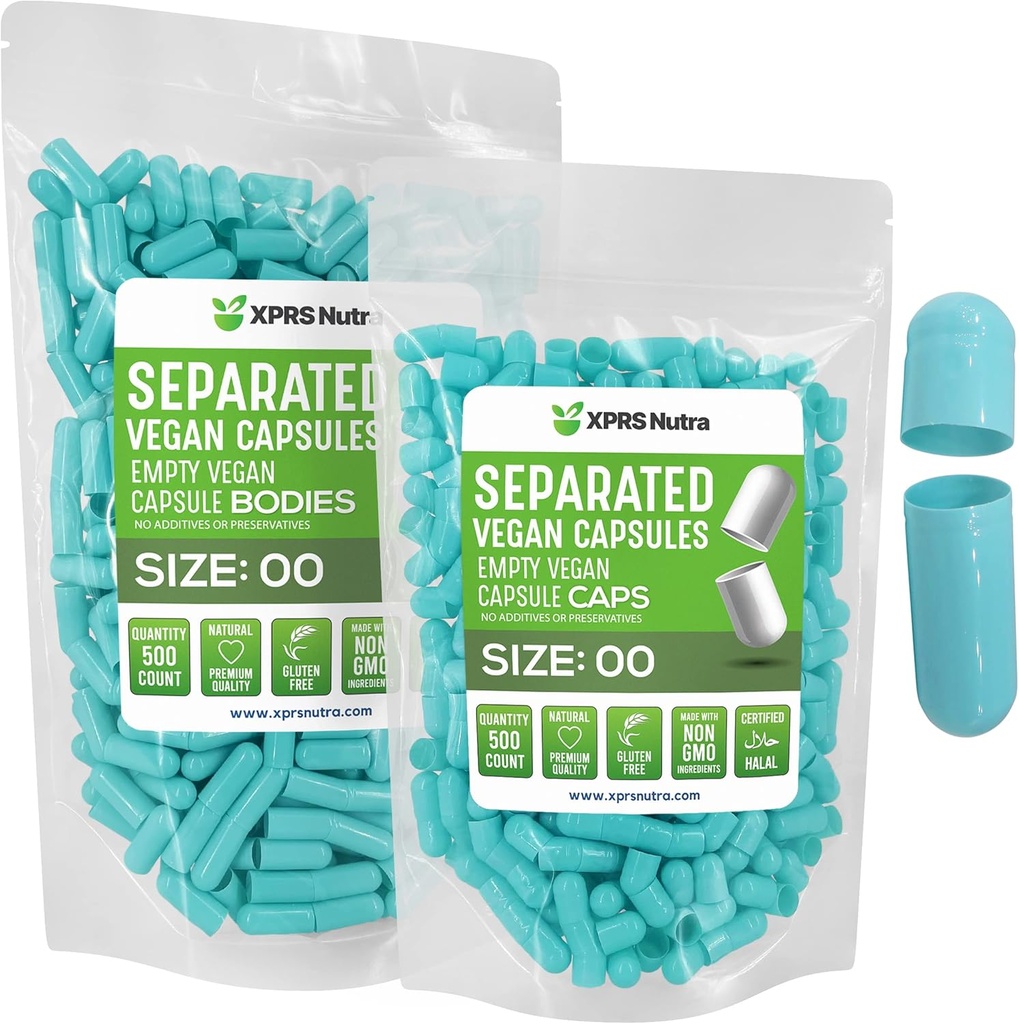 XPRS Nutra Vegan Taille 00 Capsules séparées - 500 Compte Capsules vides Premium Séparées dans des sacs - 00 Pills vides pour le remplissage de supplément de bricolage (Aqua)