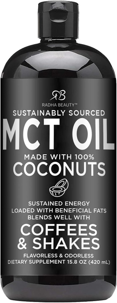 Radha Beauty Premium MCT Oil Fabriqué uniquement à partir de noix de coco non OGM - 15.8oz. Keto, Paléo, Sans gluten et Vegan Approuvé.