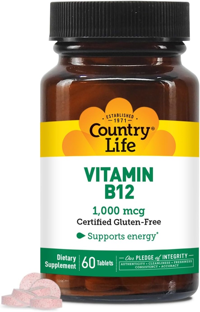 Country Life Vitamine B12 Supplément - Essentiel pour la fonction cérébrale, la santé nerveuse, les globules rouges - Idéal pour la prévention de l'anémie - Vitamine végétalienne B, 1000 mcg - Sans gluten, 60 comprimés