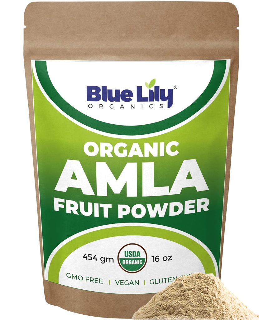 Blue Lily USDA Poudre d'amla biologique (Amalaki/Indian Gooseberry) 16oz (1lb) Sac de Kraft refermable, 100% poudre de baies d'amla pure, riche en vitamine C antioxydante, soutient un système immunitaire sain