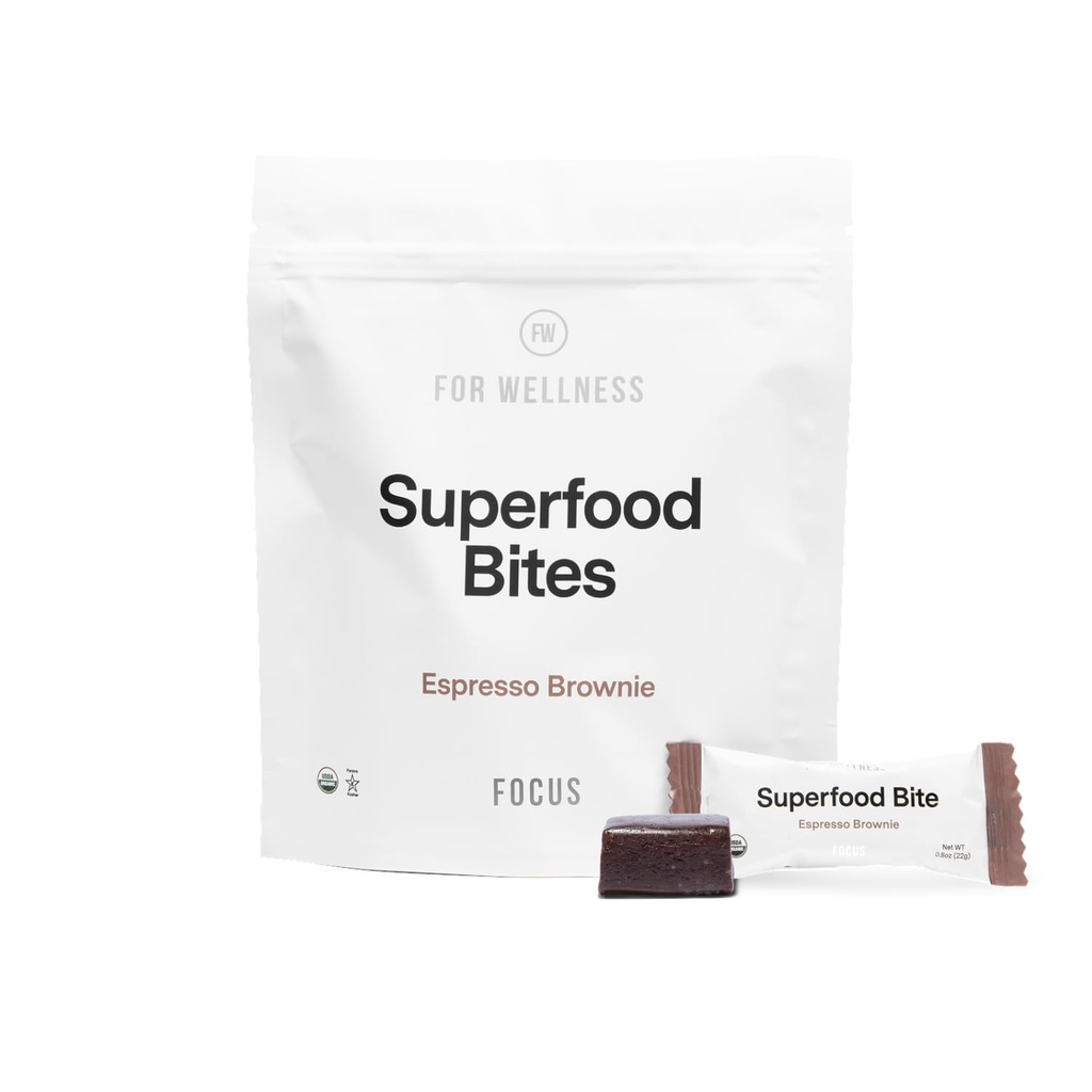 Pour Wellness Superfood Focus Bites (10 comtes), Cocoa Espresso Brownie – Réduit la fatigue, améliore la digestion et le soutien Fonction cérébrale