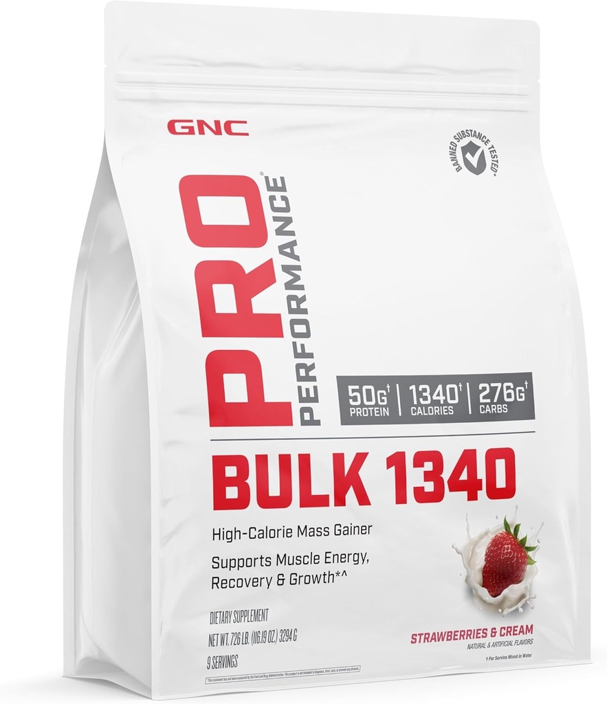 GNC Pro Performance Bulk 1340 Mass Gainer Protéines Poudre, 50g, Sans gluten, Whey, Créatine, BCAA, 3ème partie testée, Récupération et croissance musculaire, Micronutriments, Fraises et Crème, 9 portions